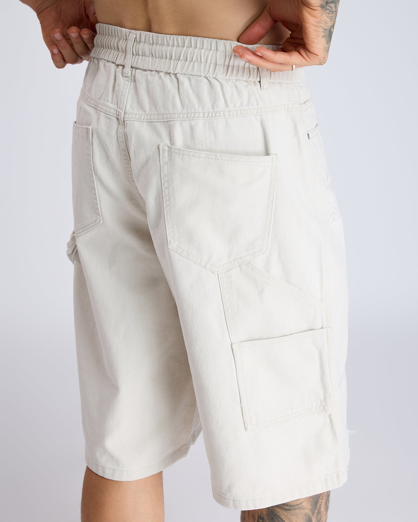 DISTRESSED WIDE-LEG DENIM SHORTS
