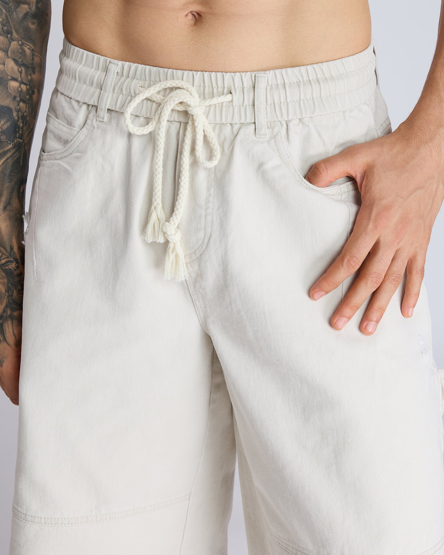DISTRESSED WIDE-LEG DENIM SHORTS