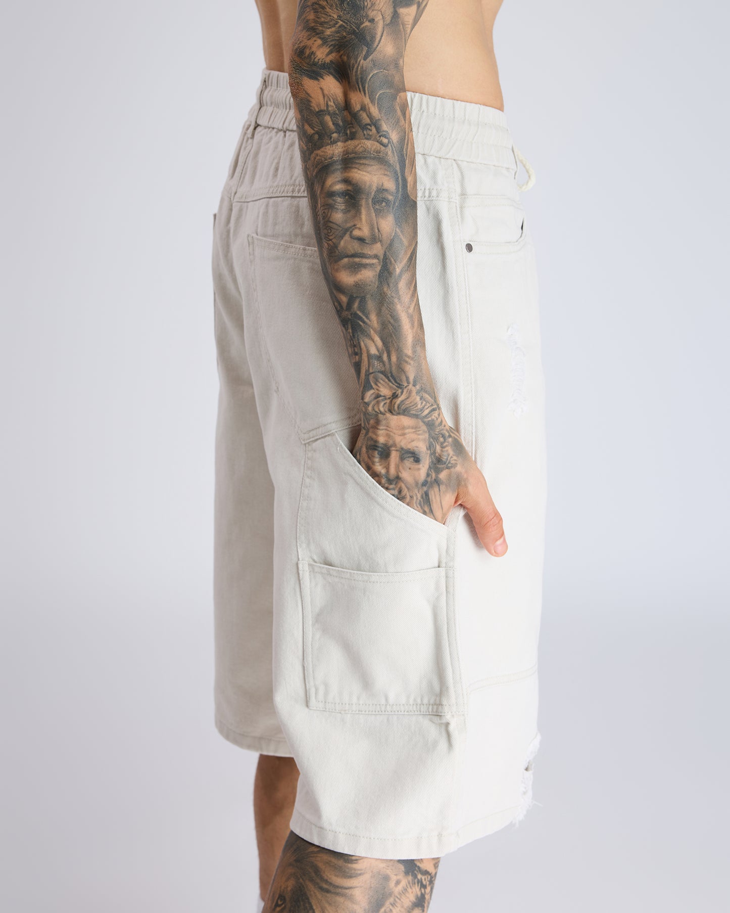 DISTRESSED WIDE-LEG DENIM SHORTS