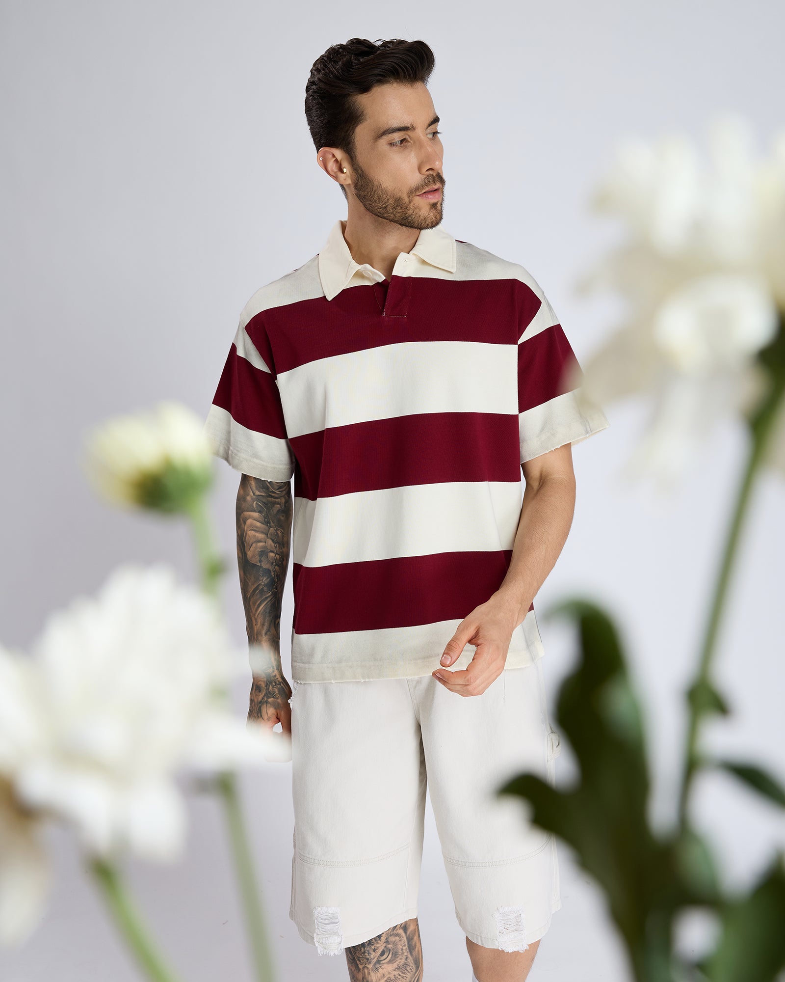 POPLIN COLLAR STRIPED POLO T-SHIRT