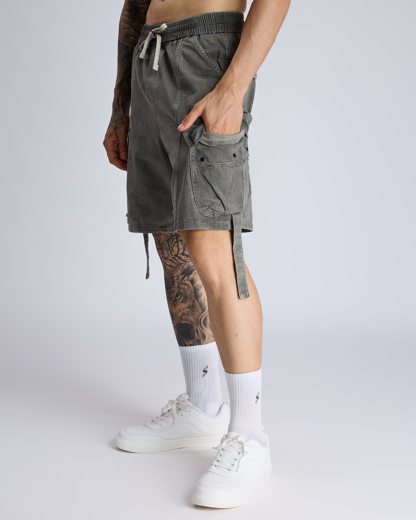 WASHED CARGO SHORTS WITH SIDE FLAP POCKETS