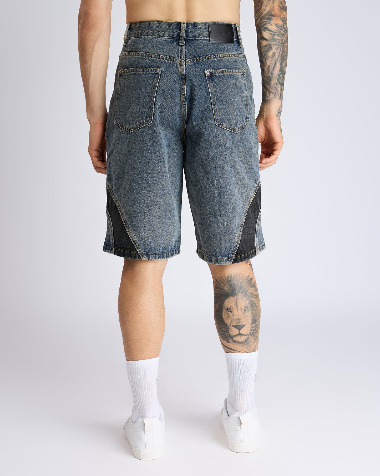 DENIM JORTS WITH CONTRAST PANEL DETAIL