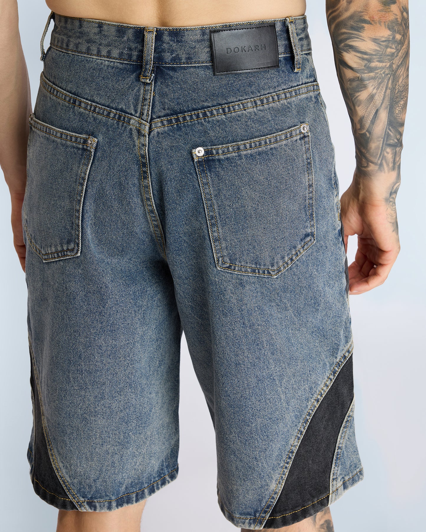 DENIM JORTS WITH CONTRAST PANEL DETAIL