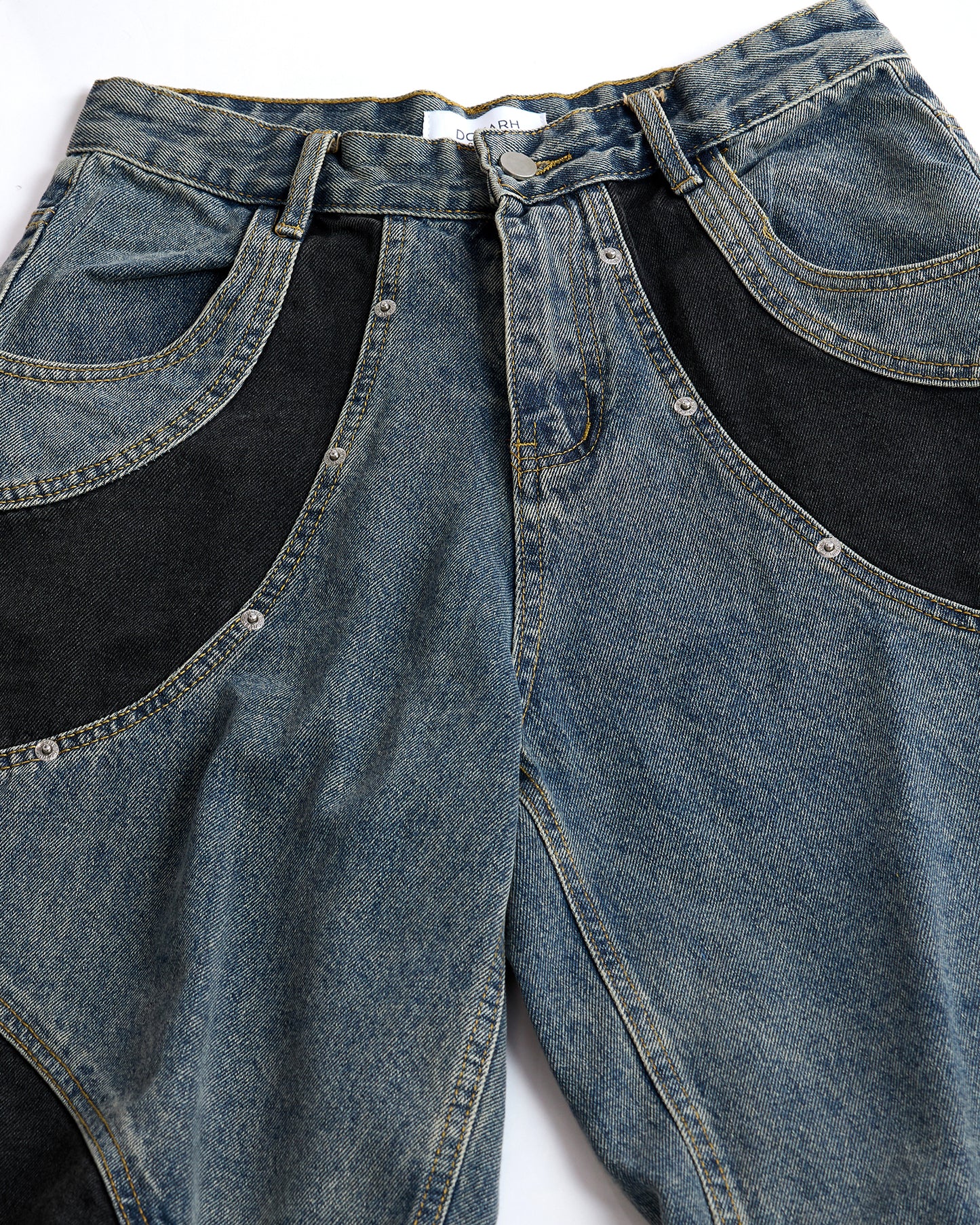 DENIM JORTS WITH CONTRAST PANEL DETAIL