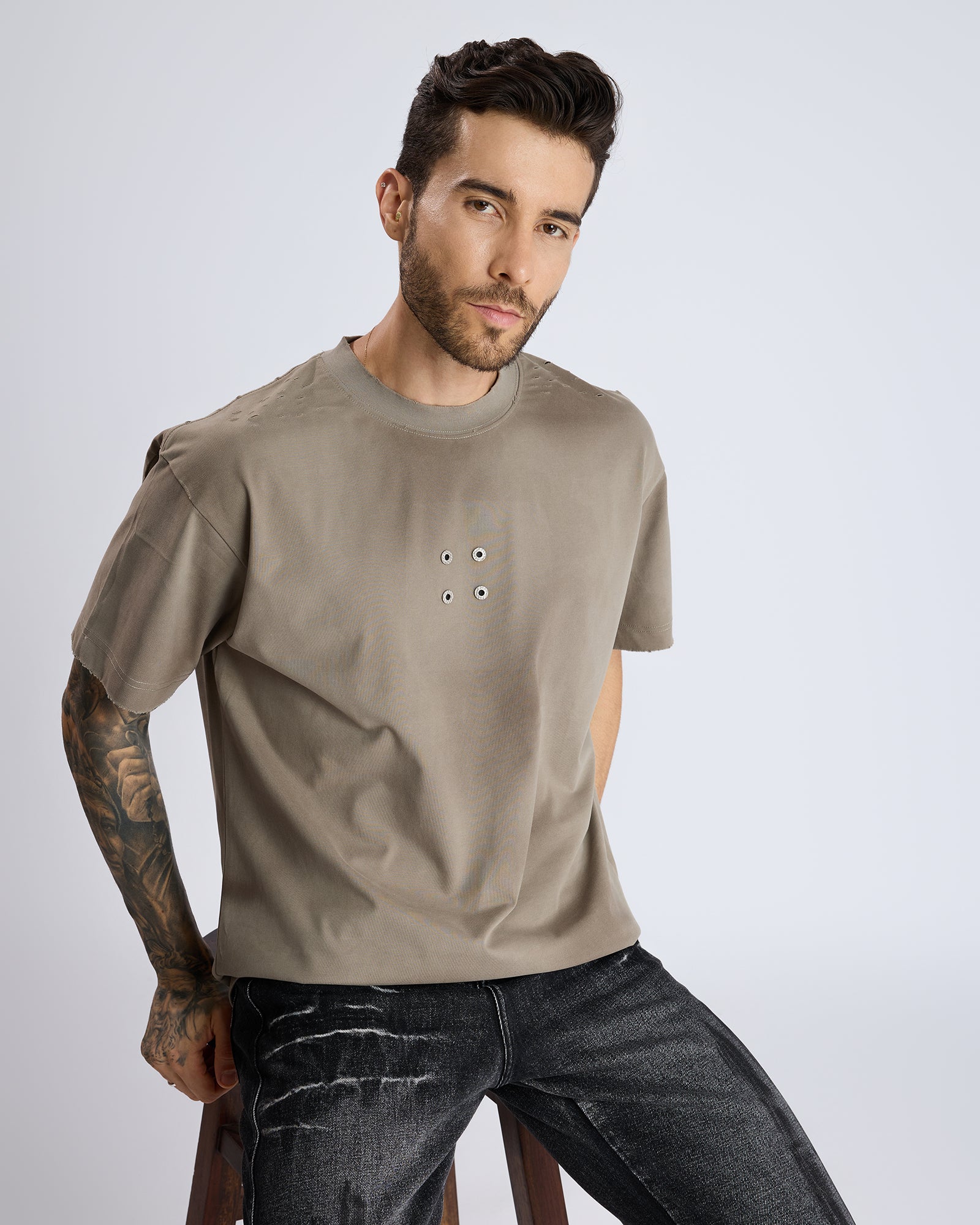 RIPPED T-SHIRT WITH METAL DETAIL