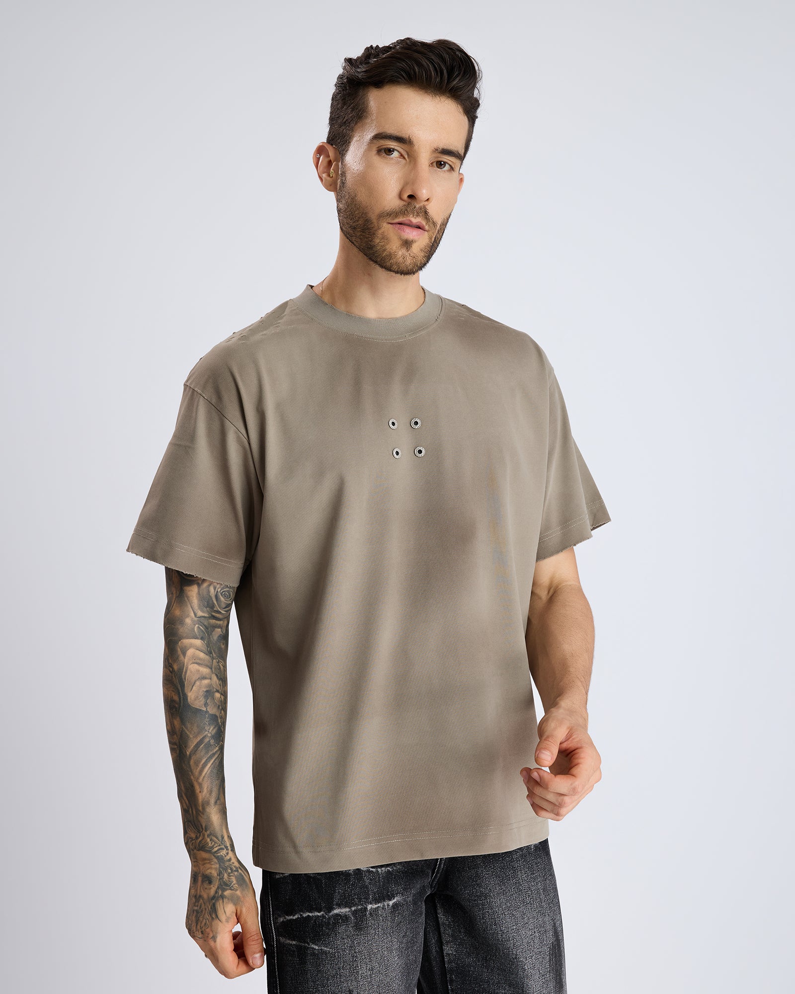 RIPPED T-SHIRT WITH METAL DETAIL