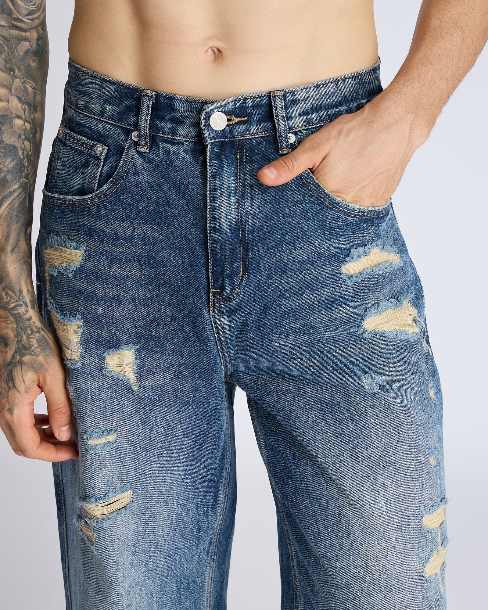 RIPPED STRAIGHT-LEG DENIM JEANS