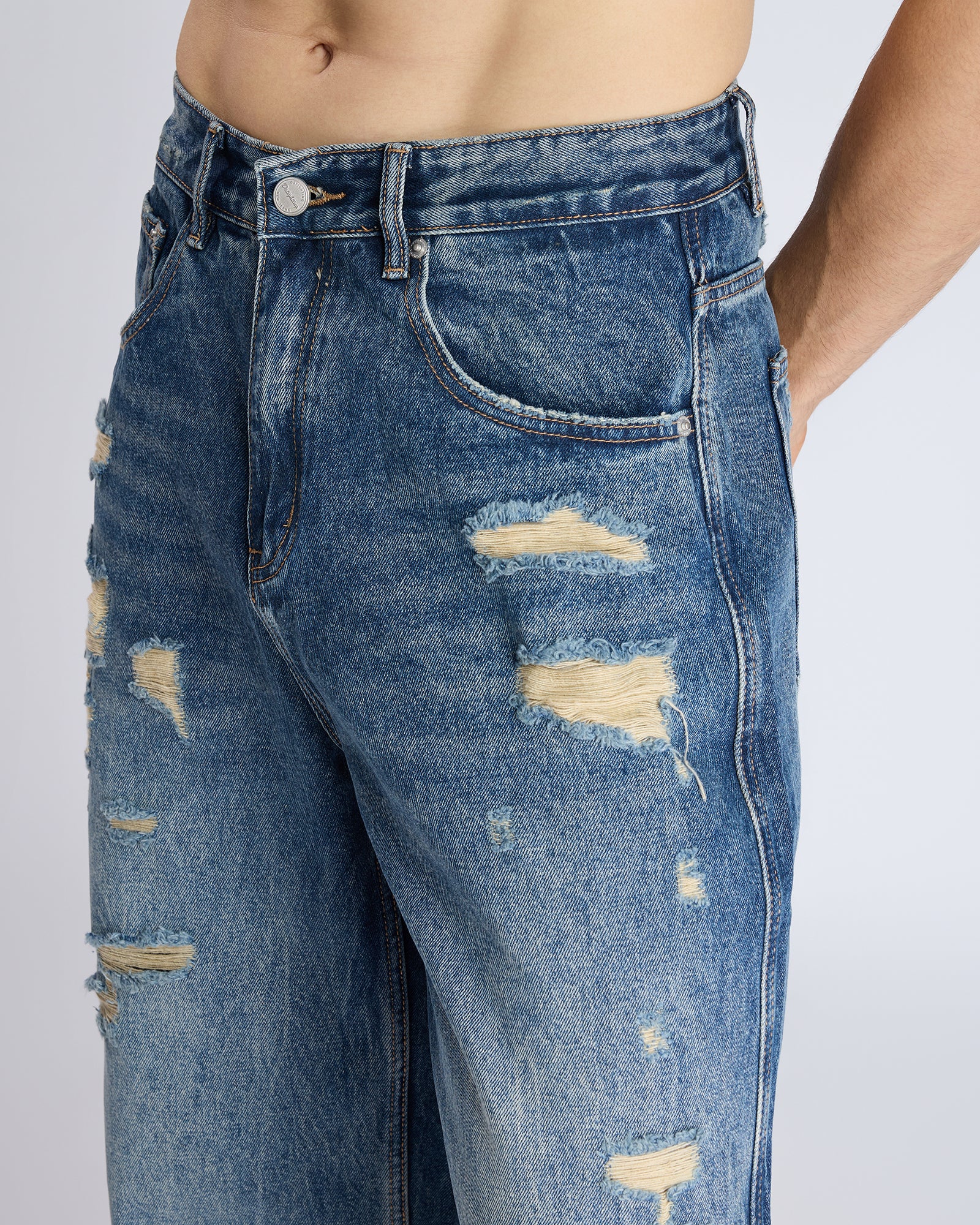 RIPPED STRAIGHT-LEG DENIM JEANS