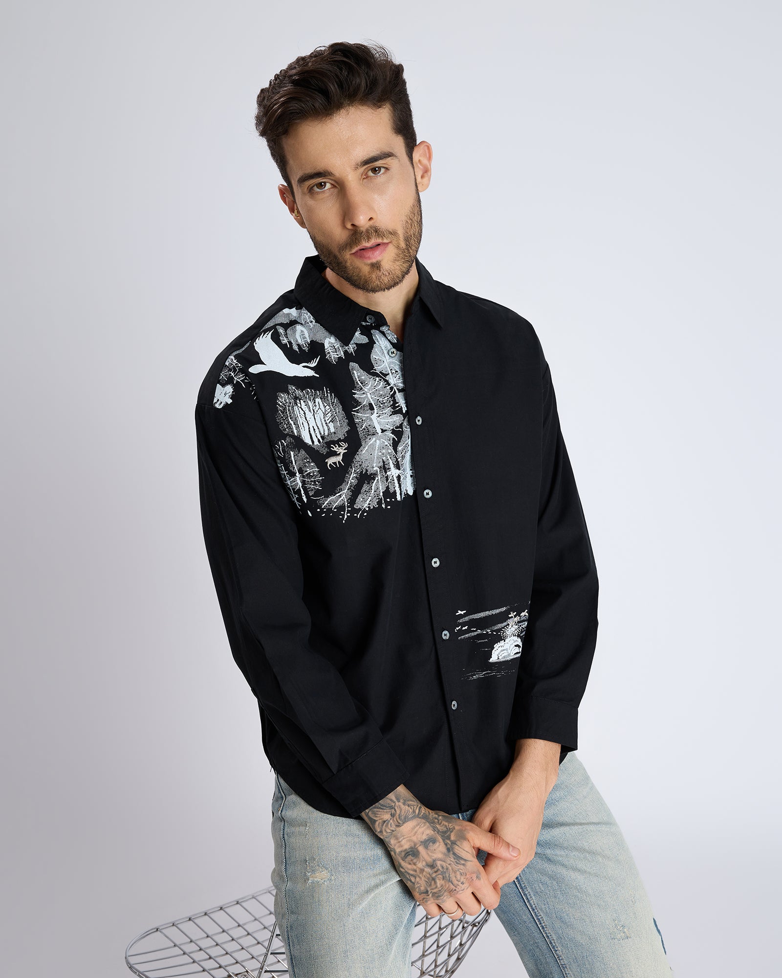 FOREST PRINT BLACK COTTON SHIRT