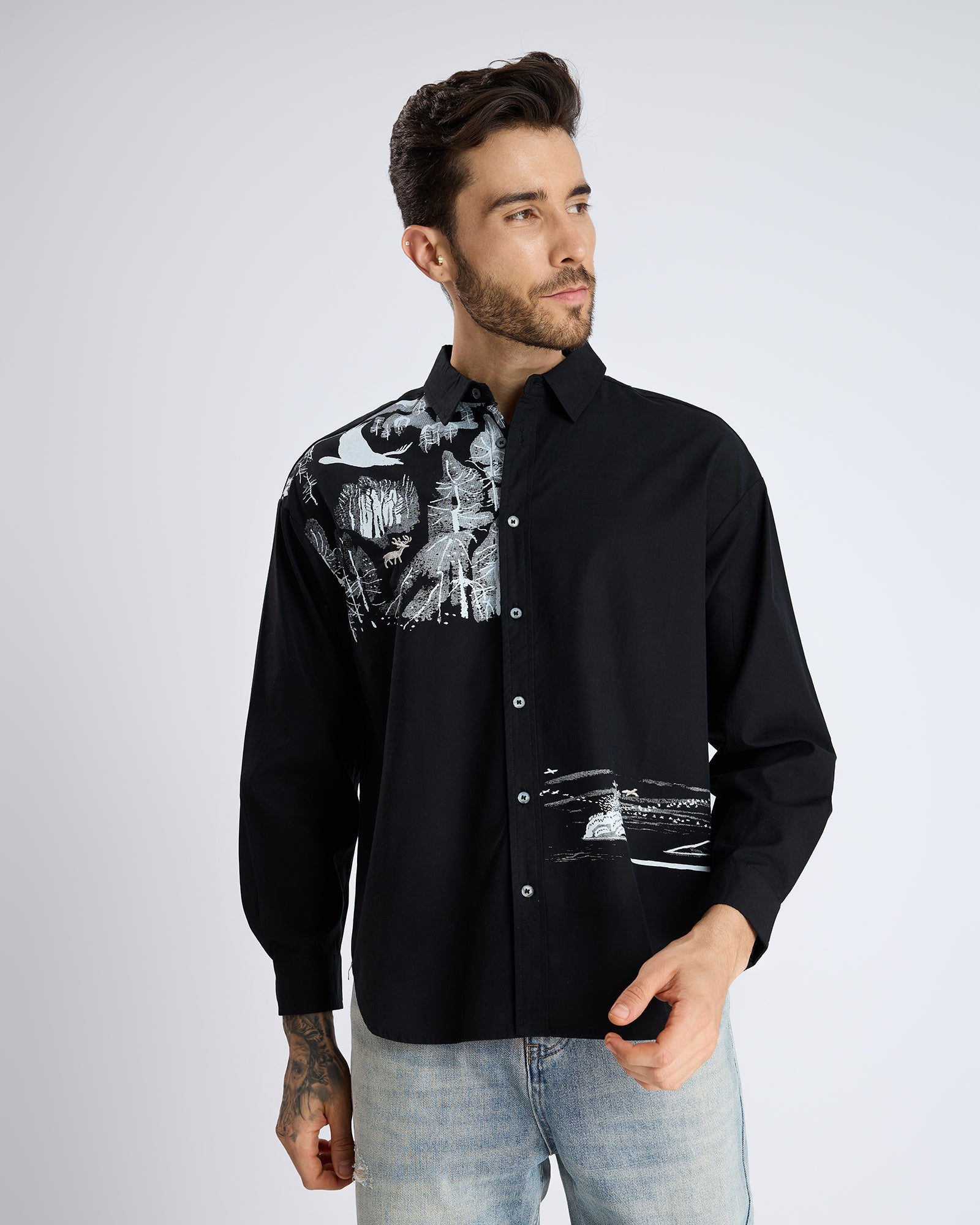 FOREST PRINT BLACK COTTON SHIRT