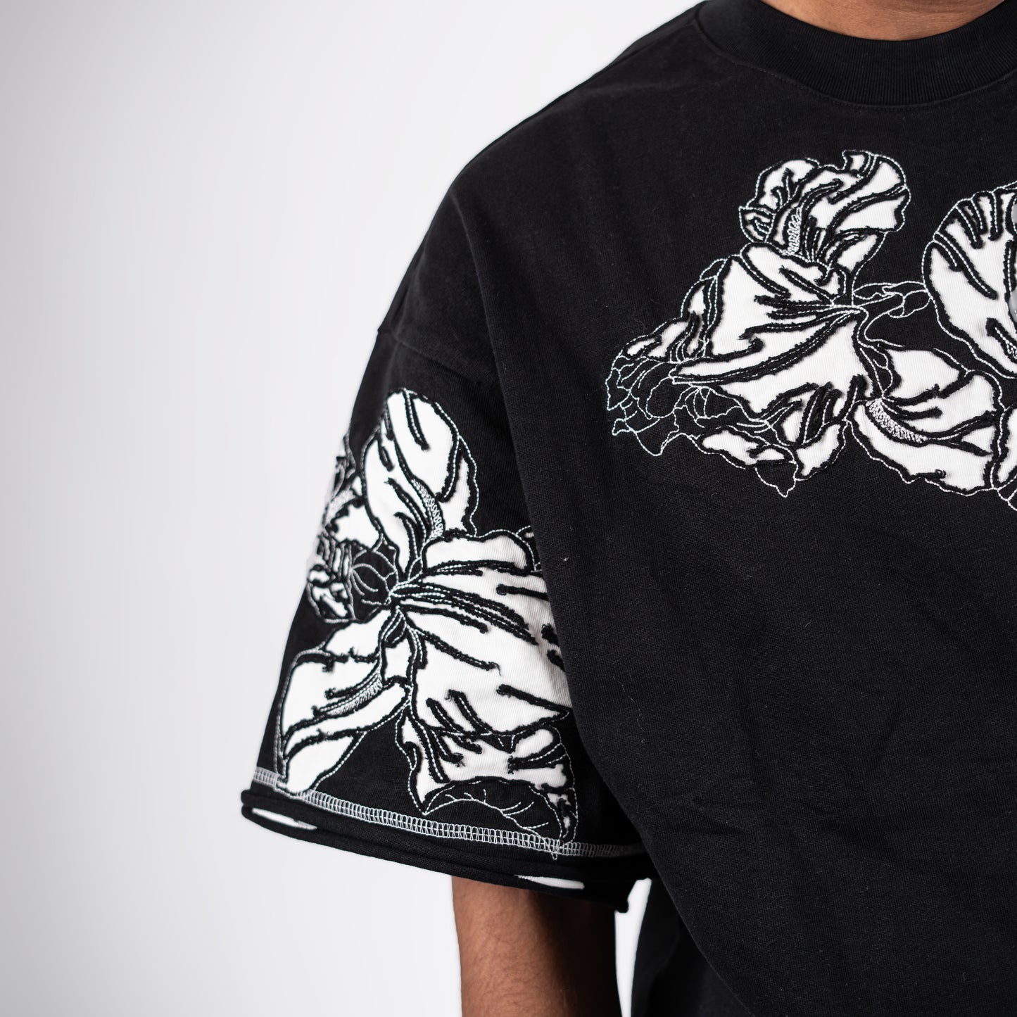 Men's Black Oversized Floral Embroidered T-Shirt