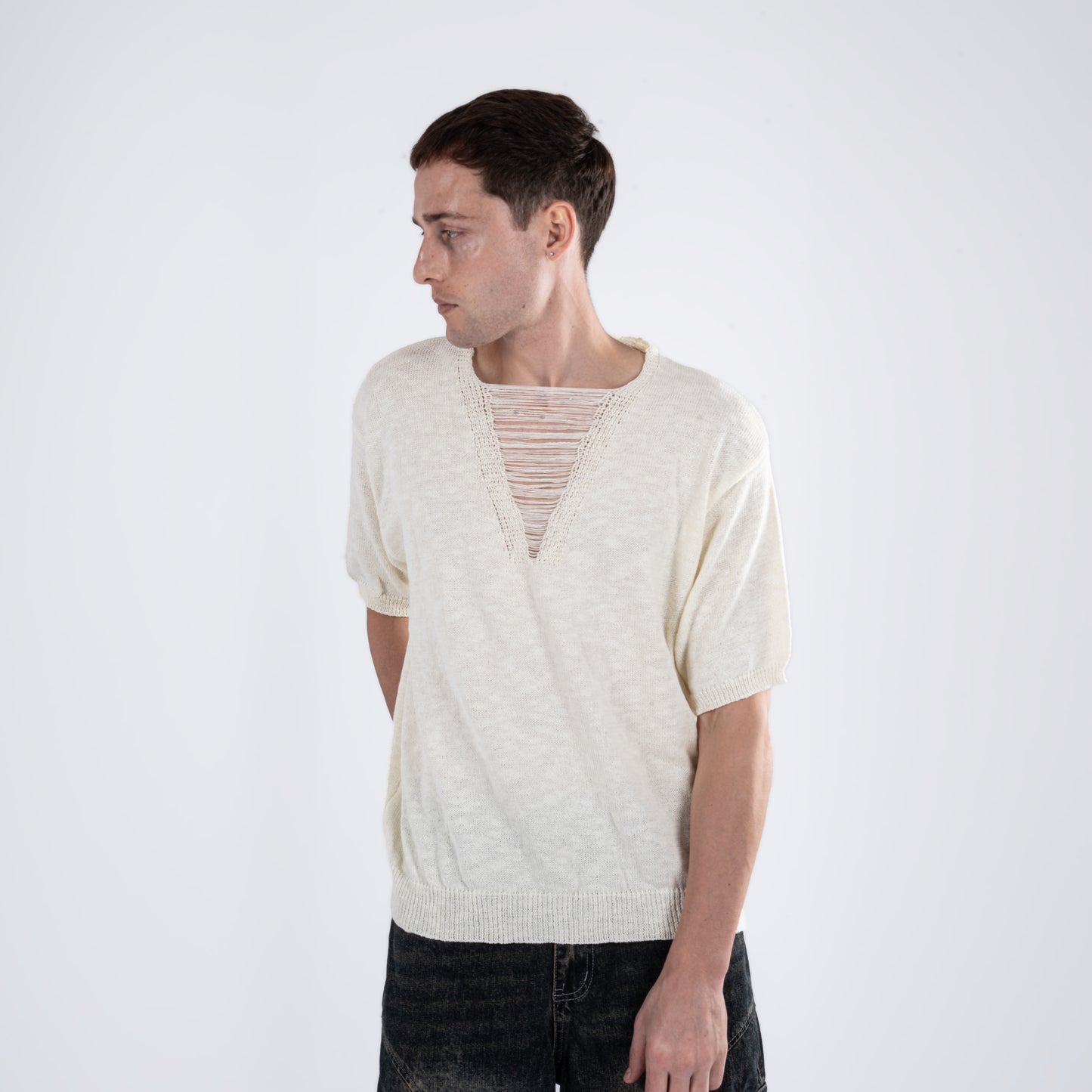 Cream Distressed V-Neck Oversized Crochet Tee