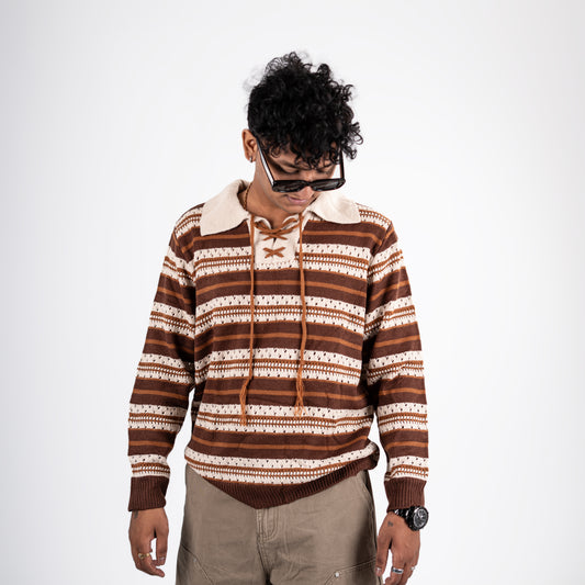 Brown Striped Lace-Up Collar Sweater