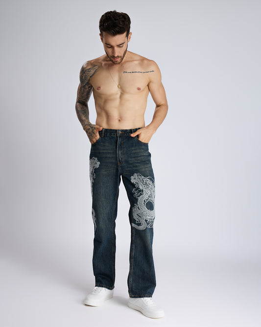 STRAIGHT-LEG JEANS WITH DRAGON EMBROIDERY
