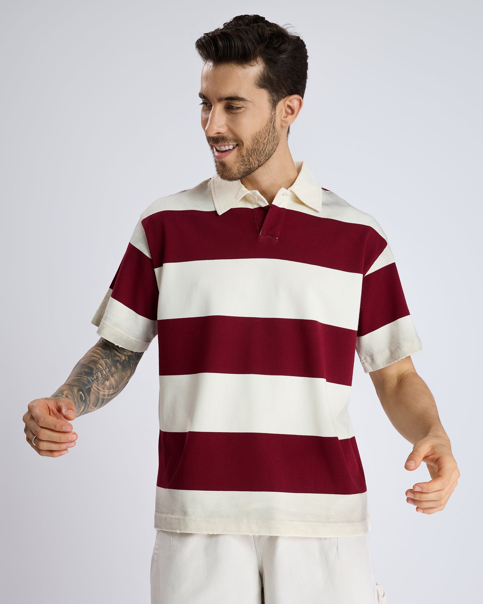 POPLIN COLLAR STRIPED POLO T-SHIRT