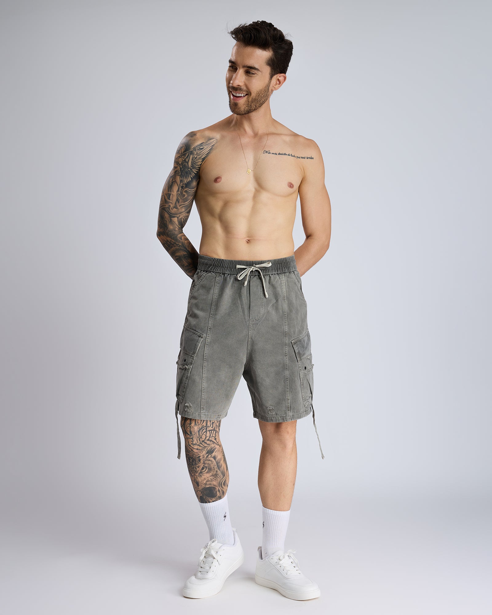 WASHED CARGO SHORTS WITH SIDE FLAP POCKETS