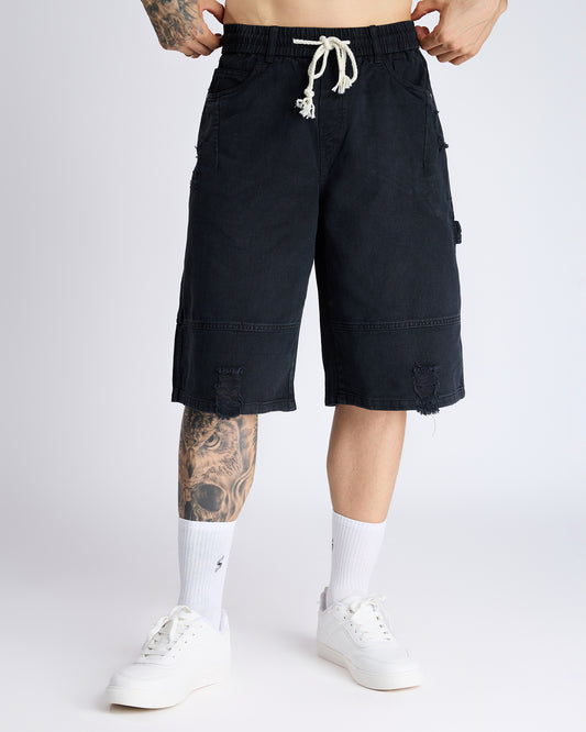 BLACK DENIM KNEE-LENGTH SHORTS