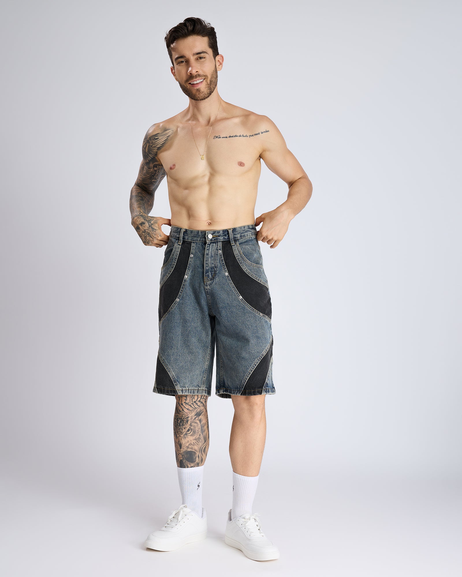 DENIM JORTS WITH CONTRAST PANEL DETAIL