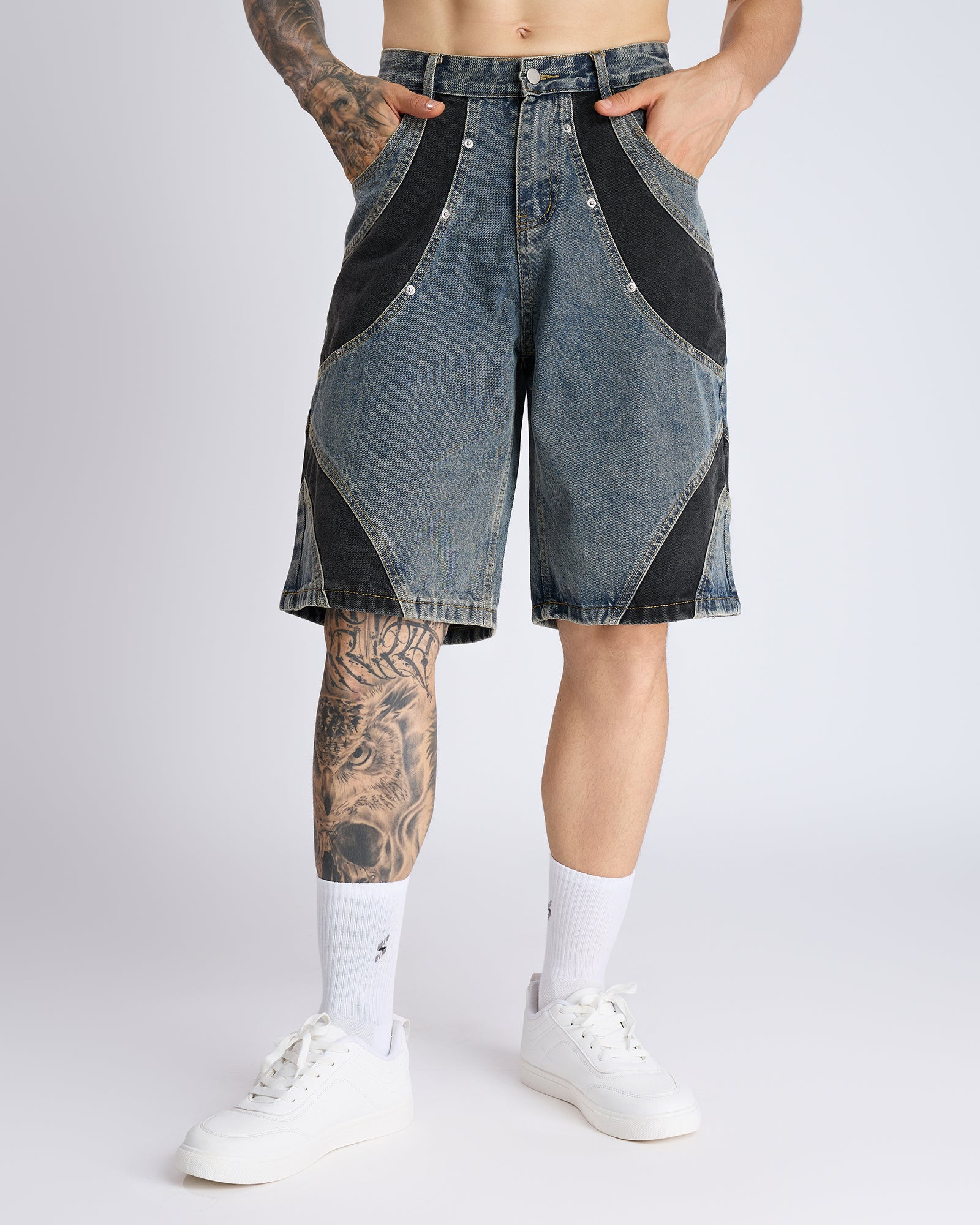 DENIM JORTS WITH CONTRAST PANEL DETAIL