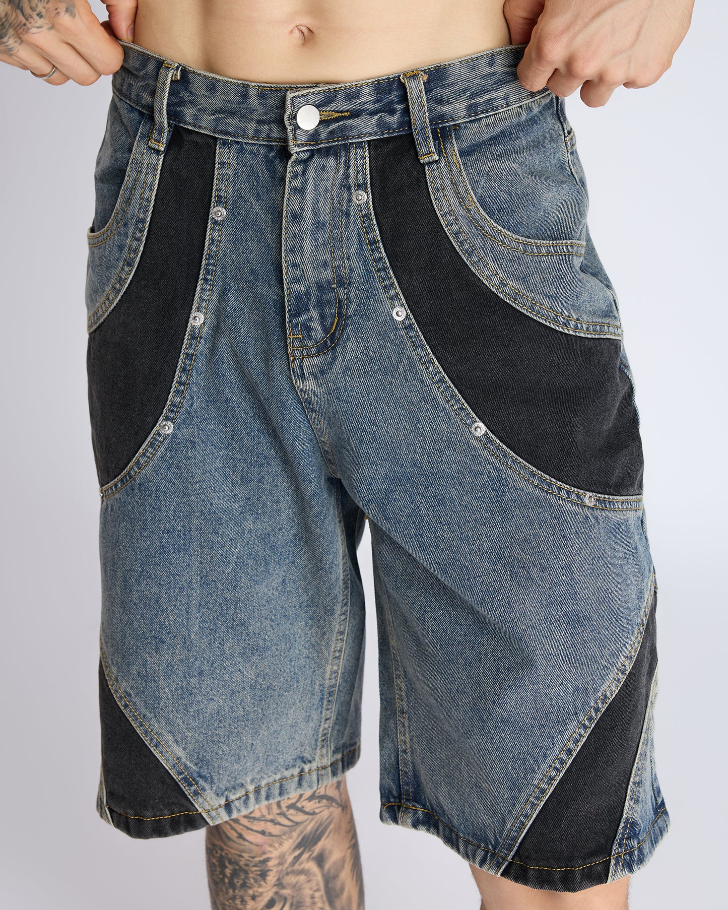 DENIM JORTS WITH CONTRAST PANEL DETAIL