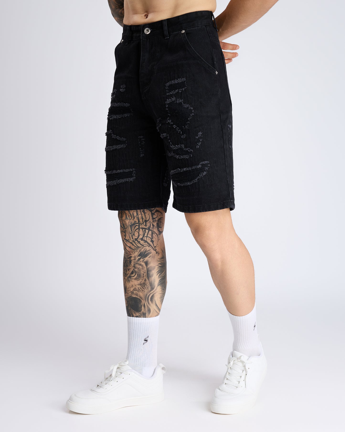TEXTURED BLACK DENIM JORTS