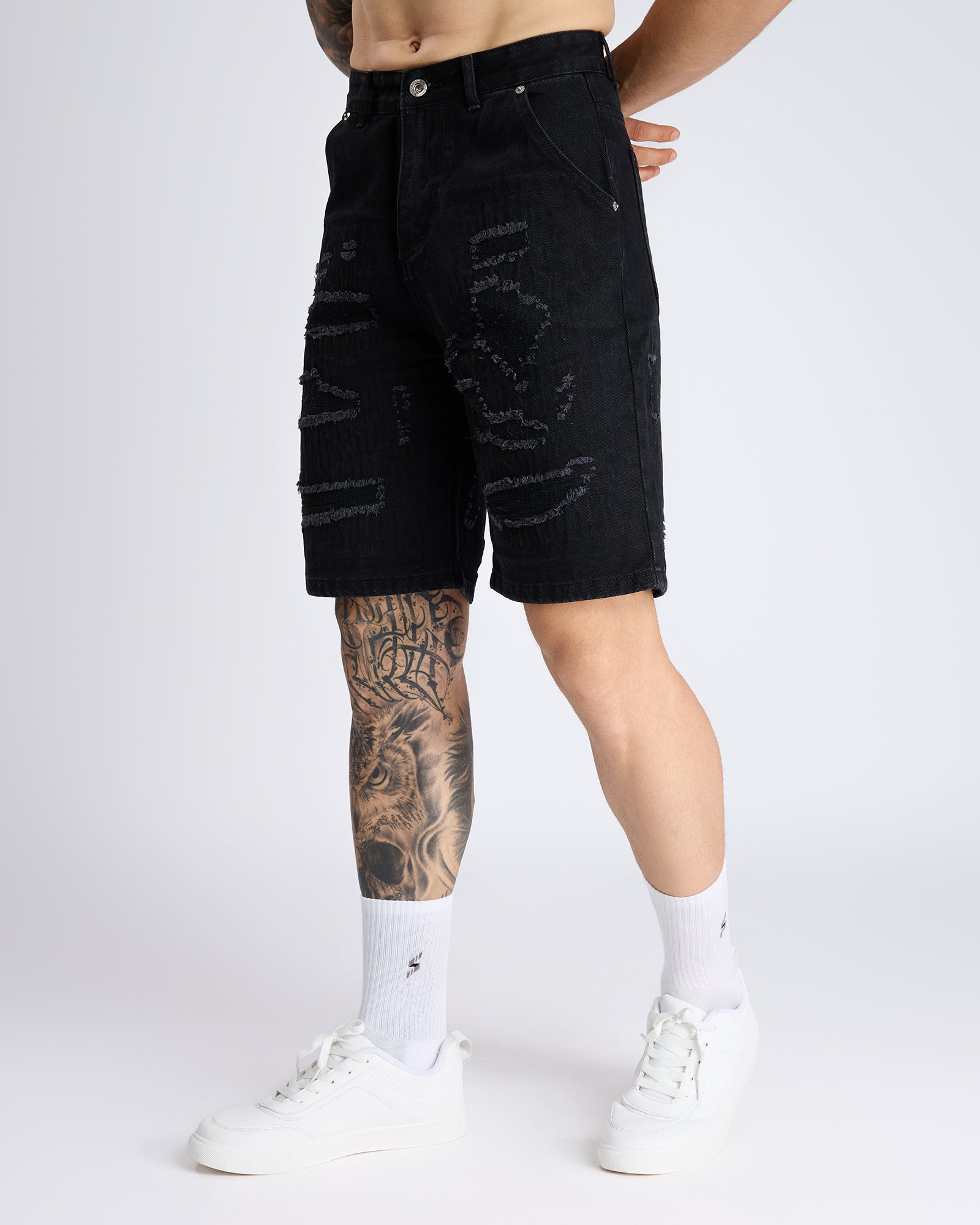 TEXTURED BLACK DENIM JORTS