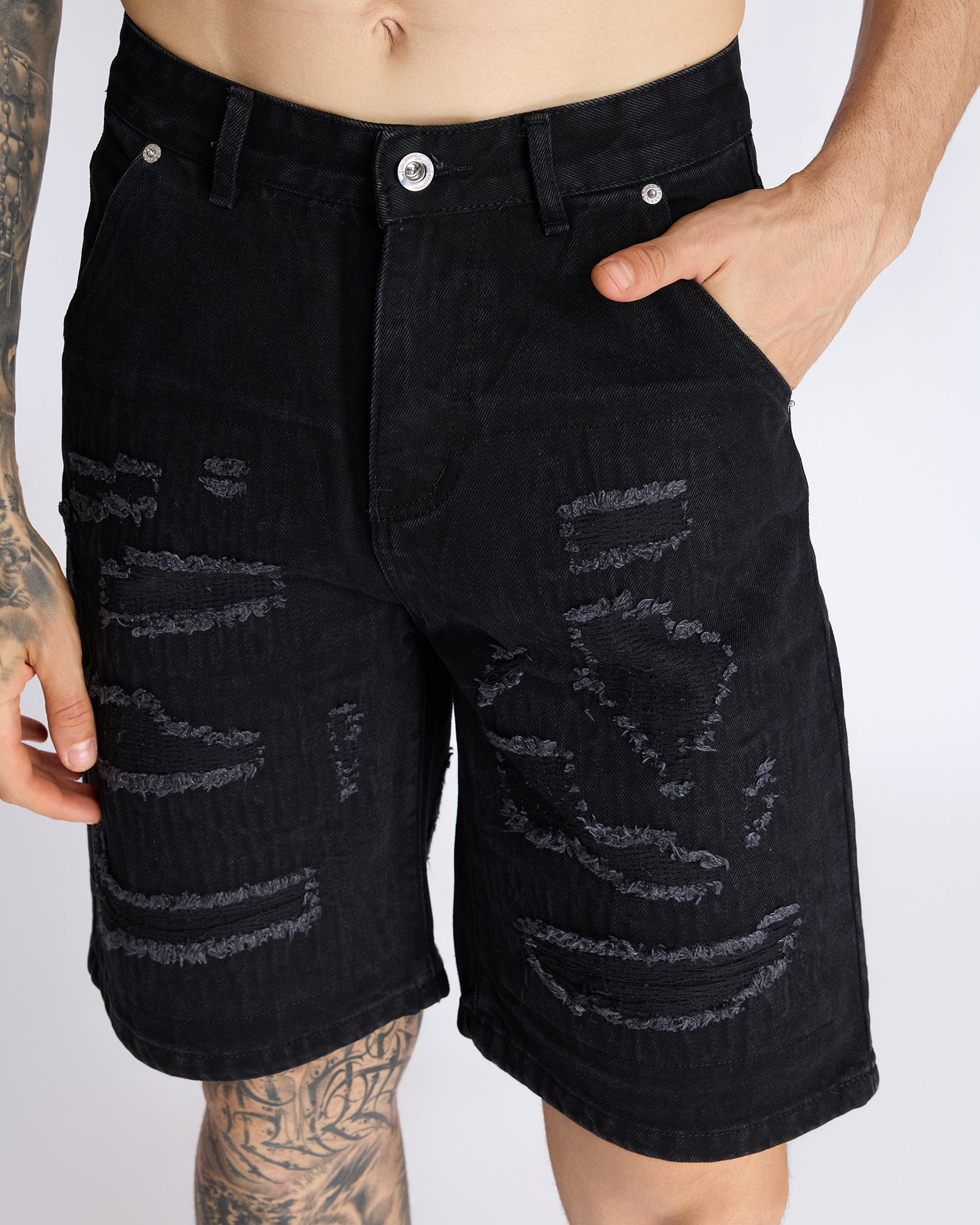 TEXTURED BLACK DENIM JORTS