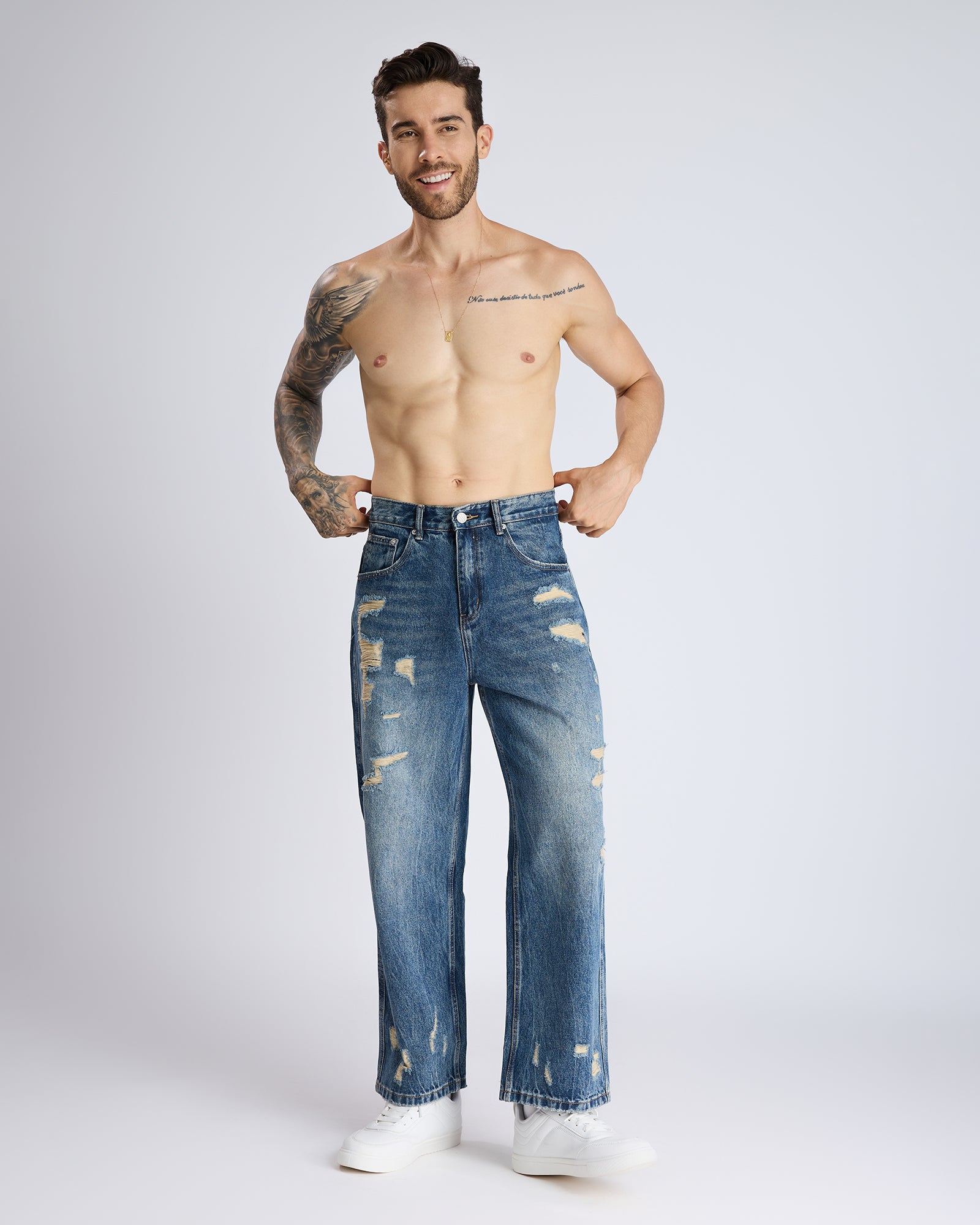 RIPPED STRAIGHT-LEG DENIM JEANS