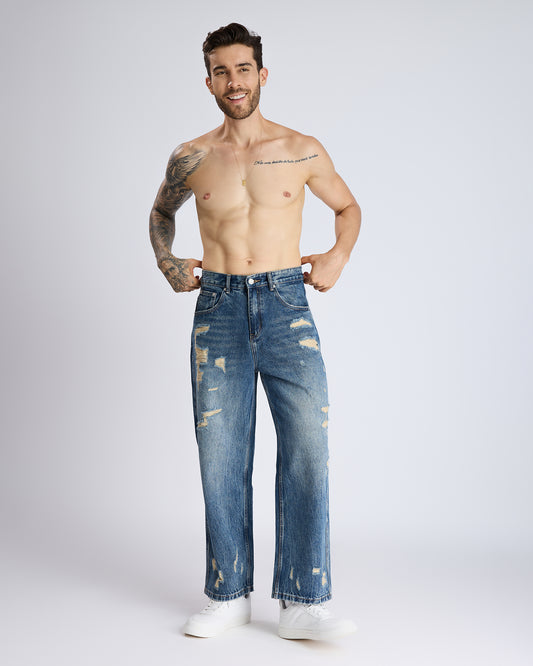 RIPPED STRAIGHT-LEG DENIM JEANS