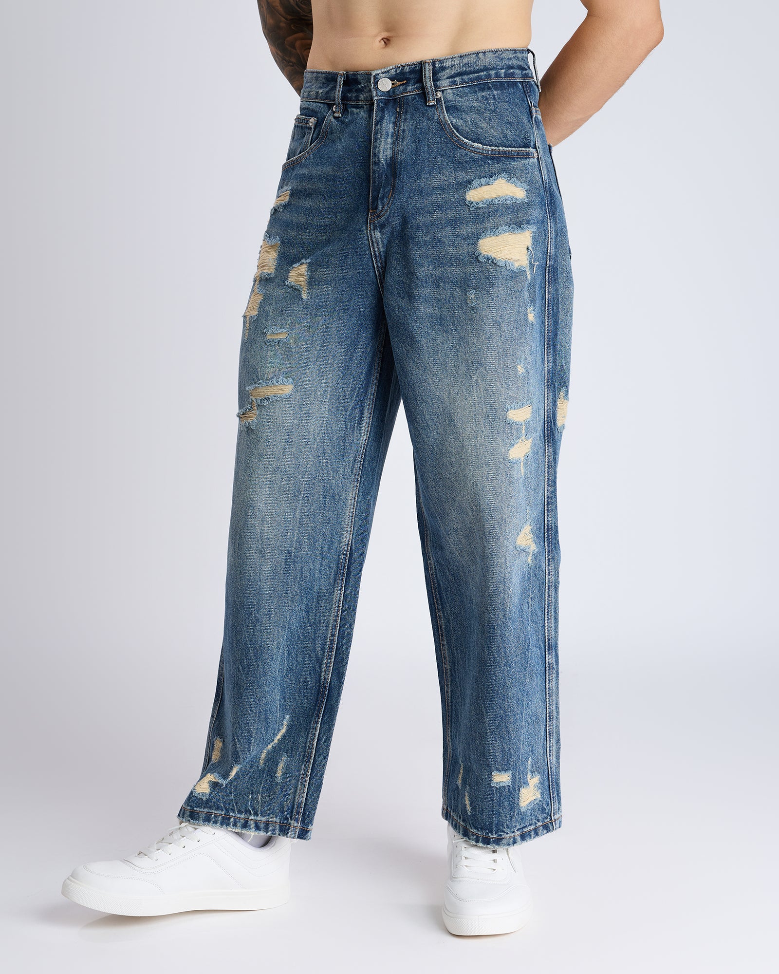 RIPPED STRAIGHT-LEG DENIM JEANS