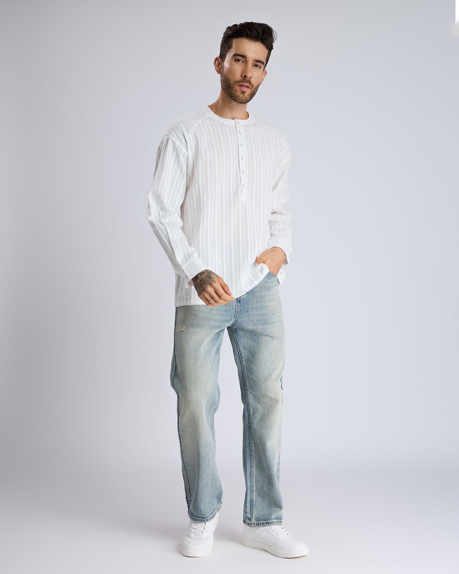 WHITE TEXTURED COLLAR SHIRT by DOKARH
