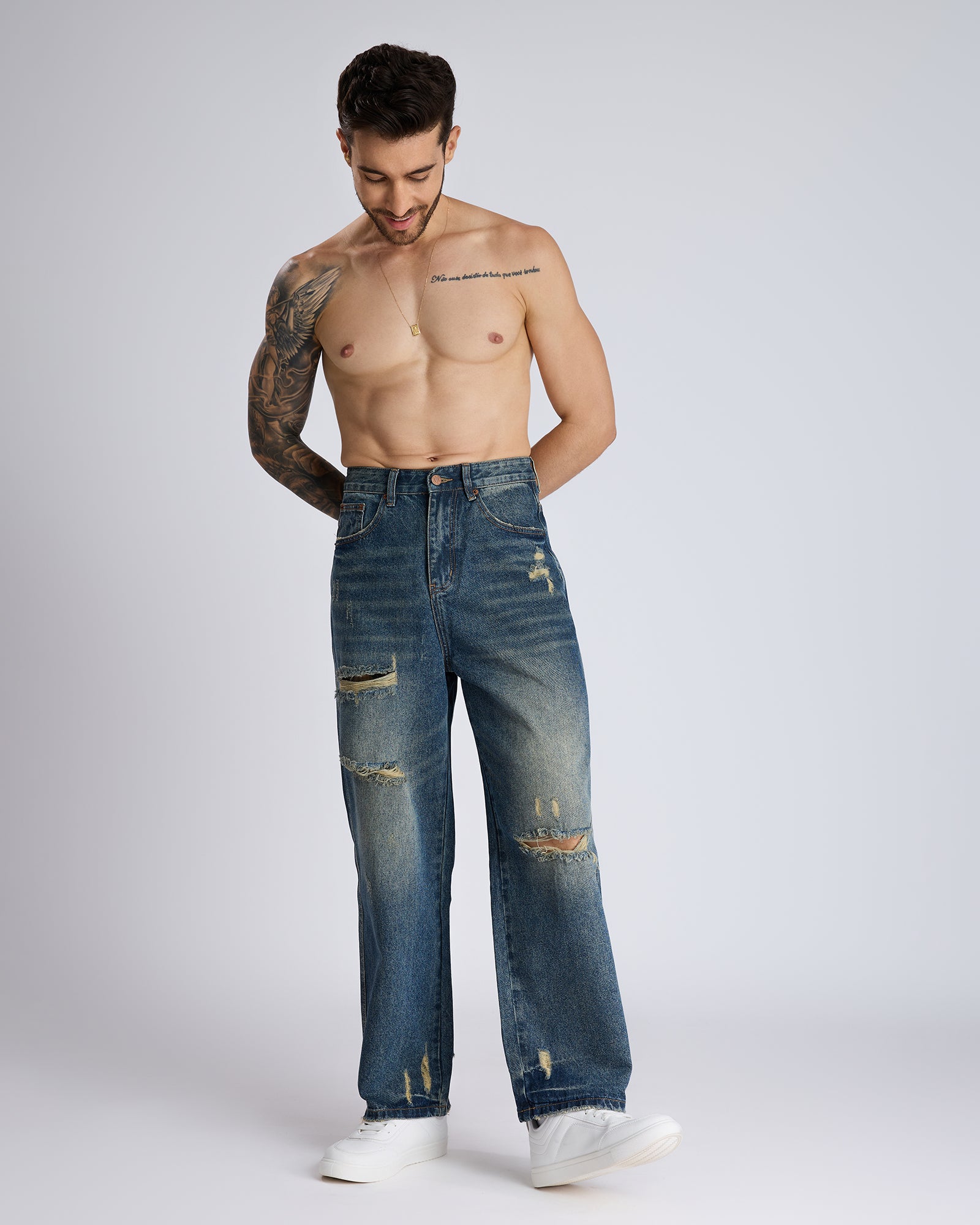 BLUE DENIM WIDE-LEG JEANS