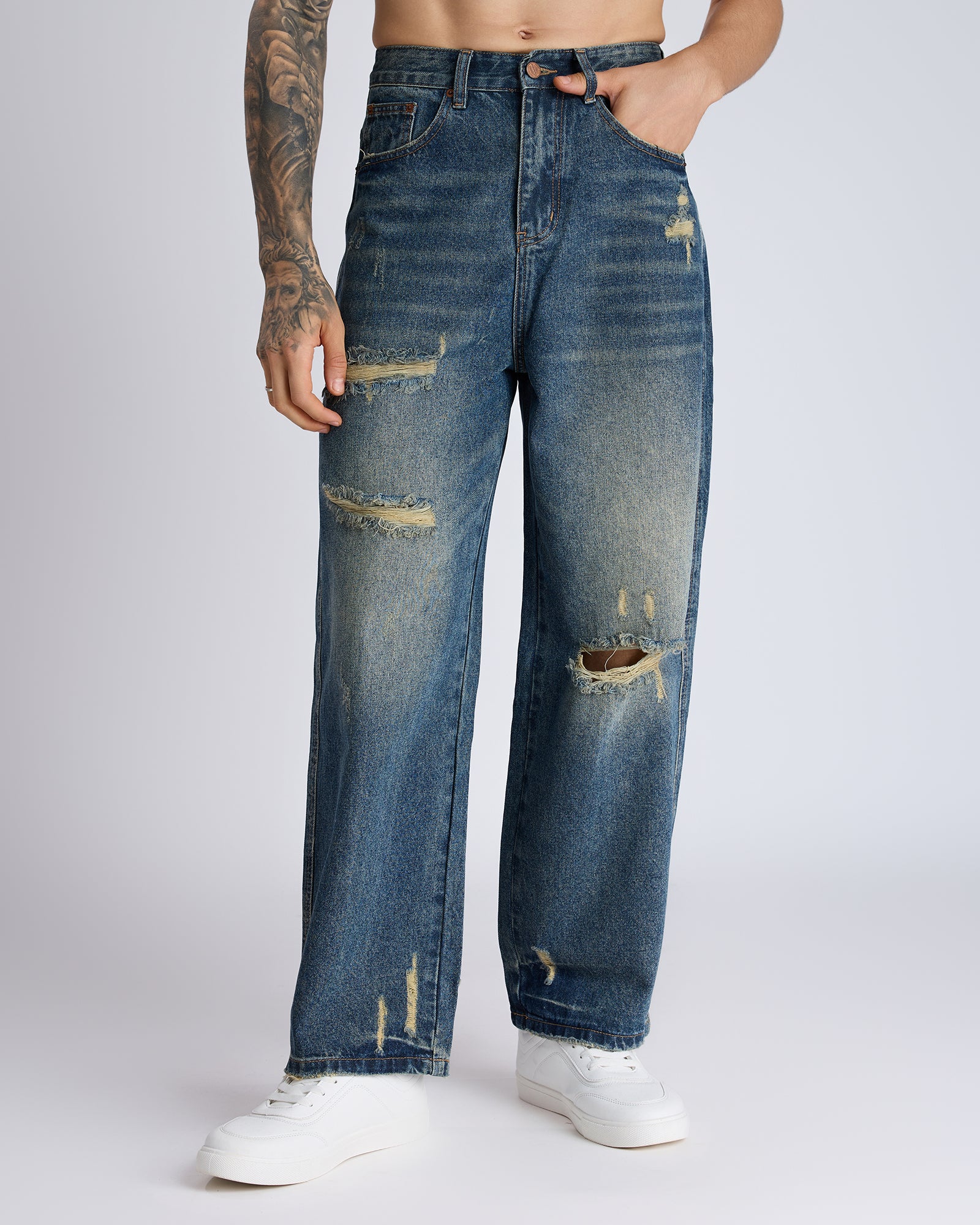 BLUE DENIM WIDE-LEG JEANS