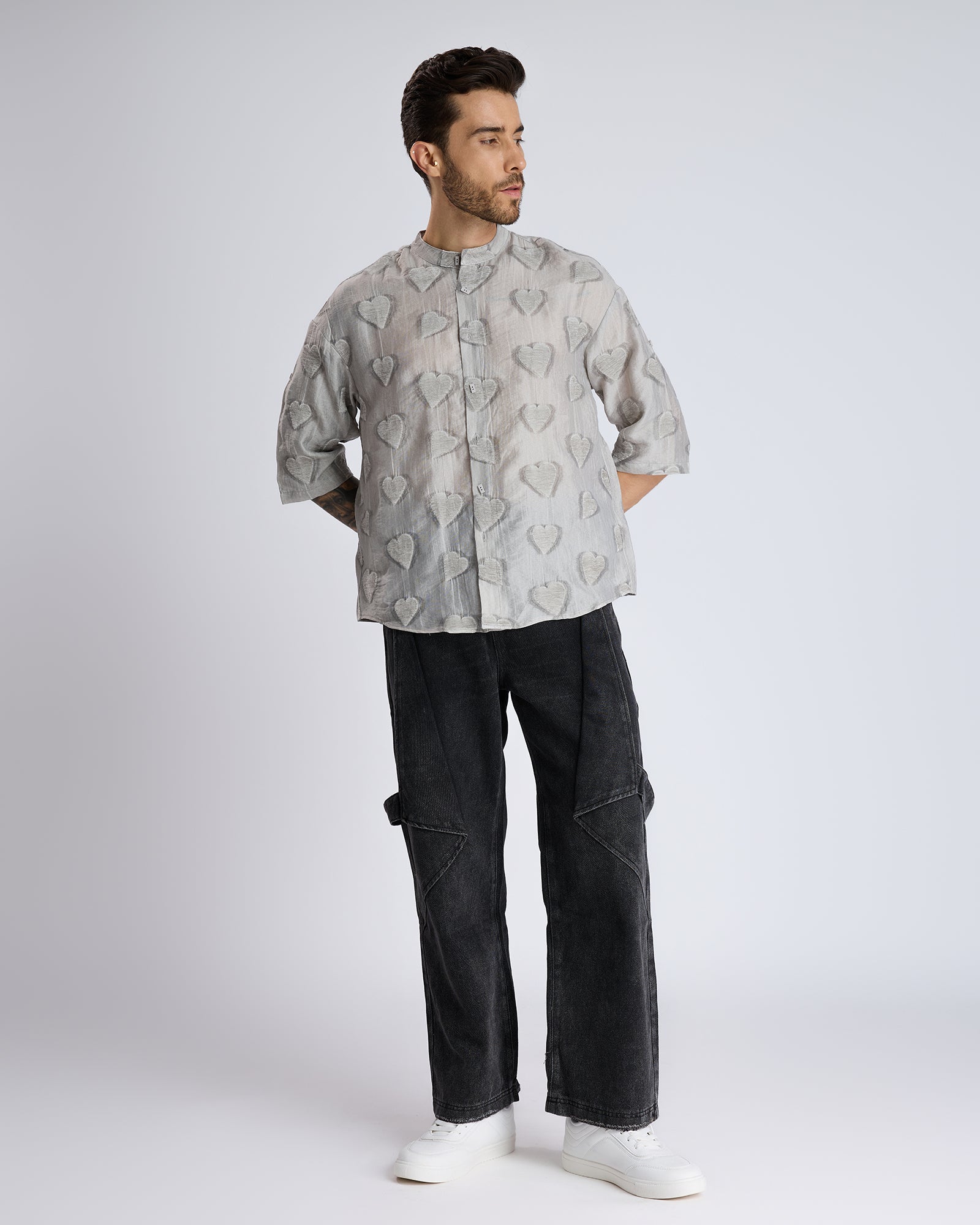 TEXTURED MANDARIN COLLAR SHIRT