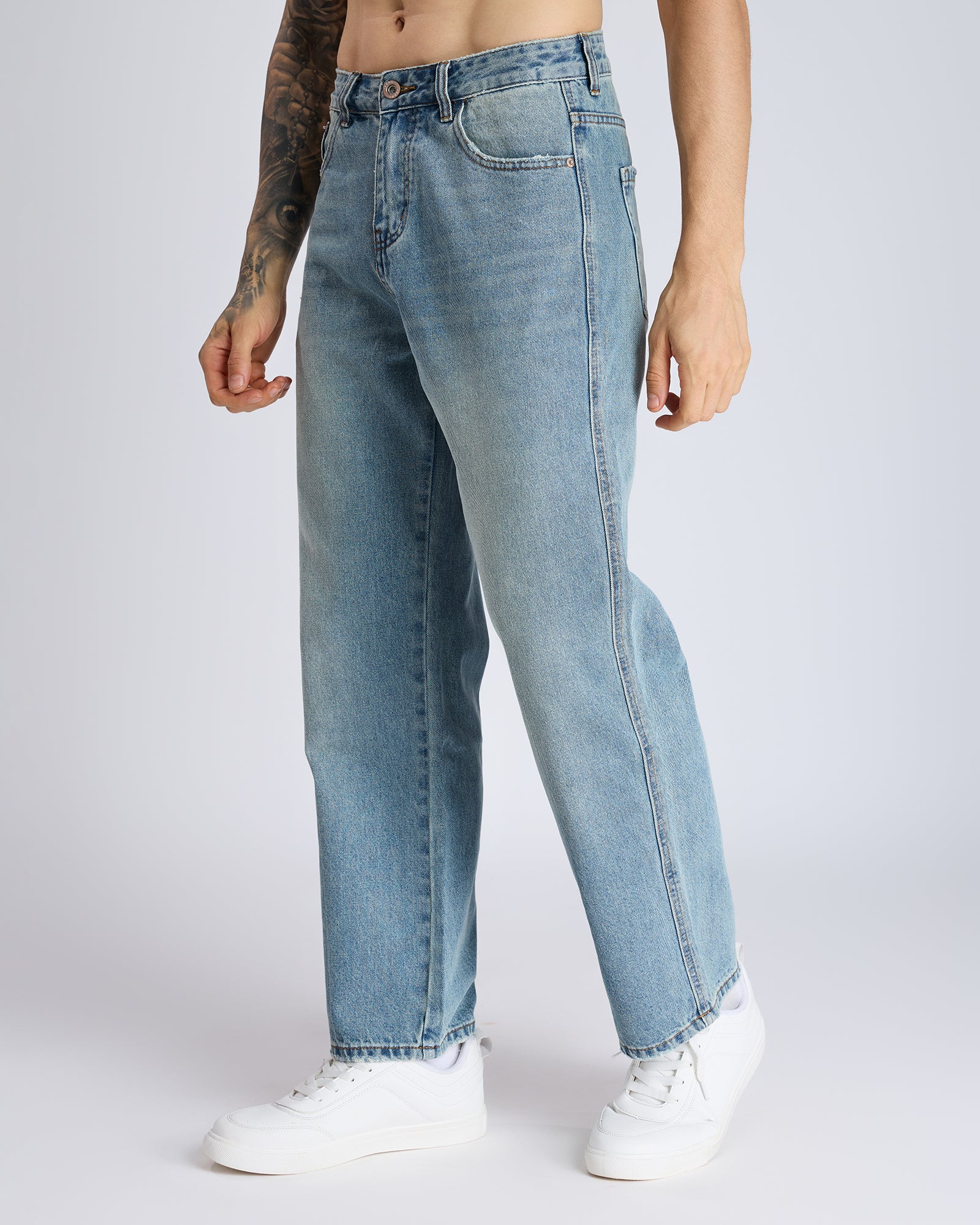 STRAIGHT-LEG FADED BLUE DENIM