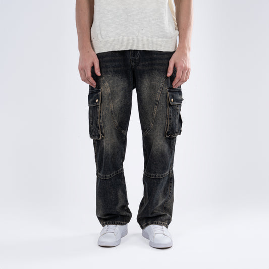 Faded Dark Wash Cargo Jeans