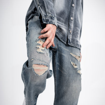 Men's Light Wash Distressed Baggy Jeans