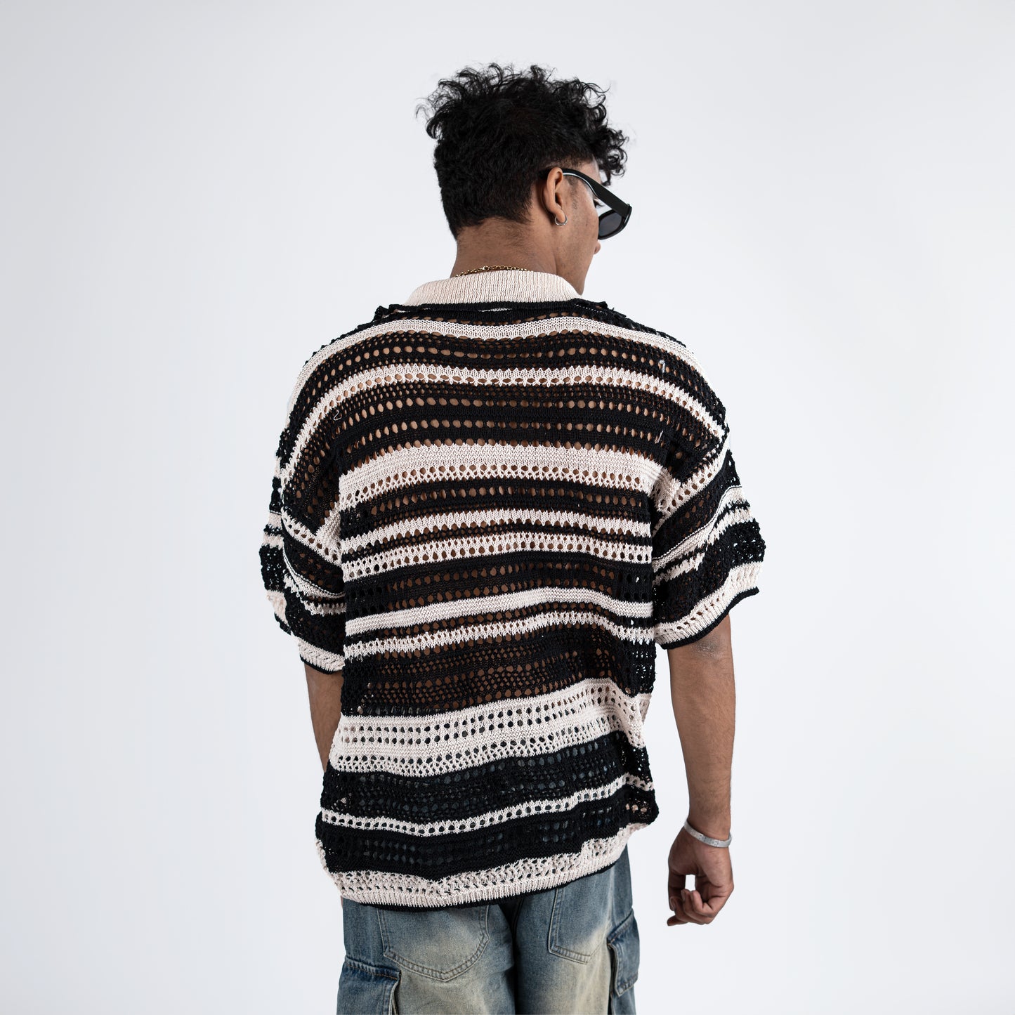 Striped Oversized Crochet Polo Tee