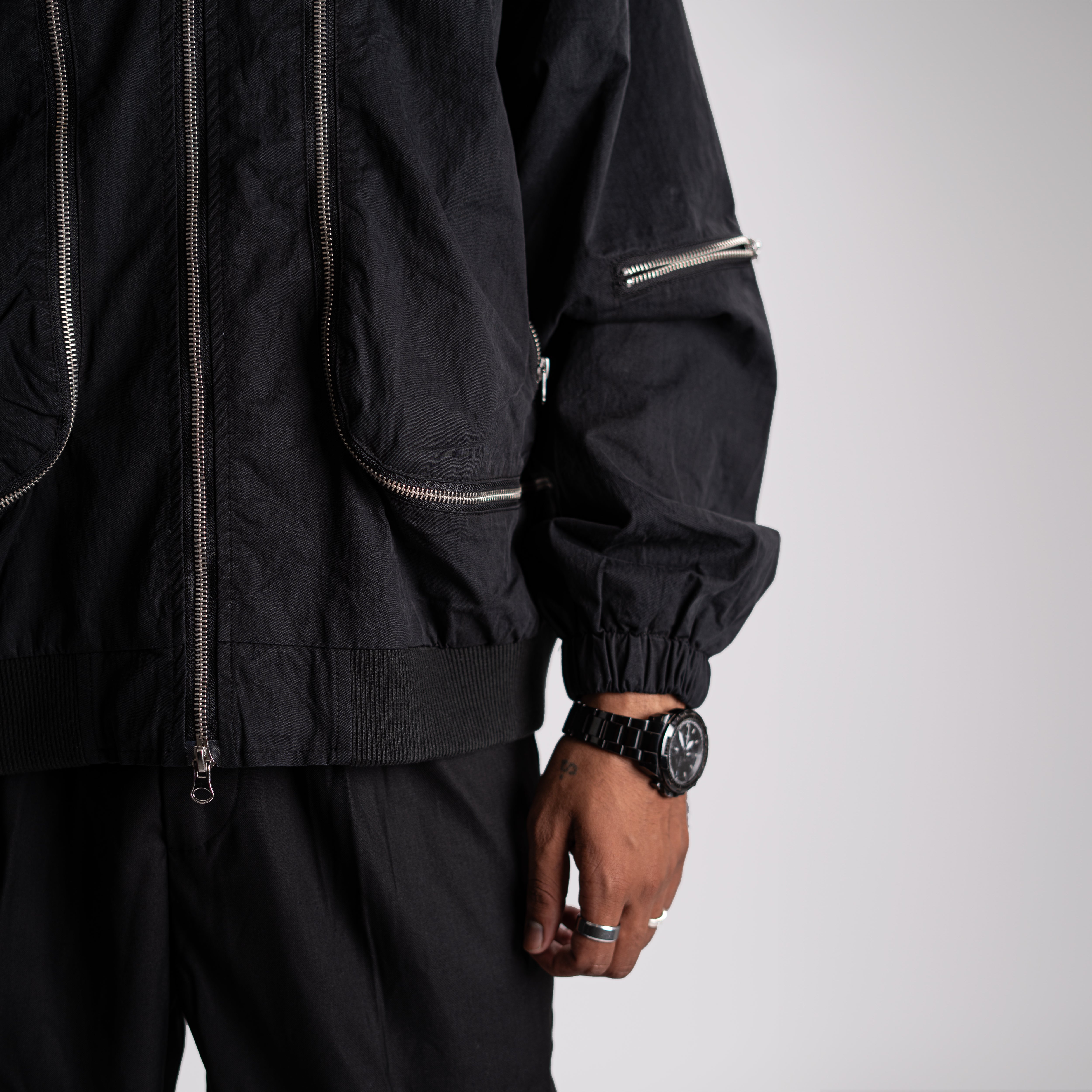 Black Zip-Detail Bomber Jacket