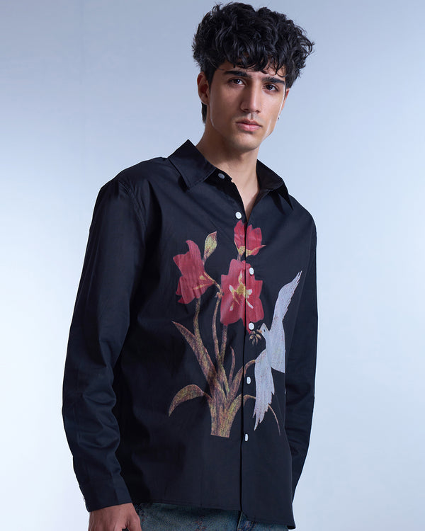 Black Floral Bird Print Shirt