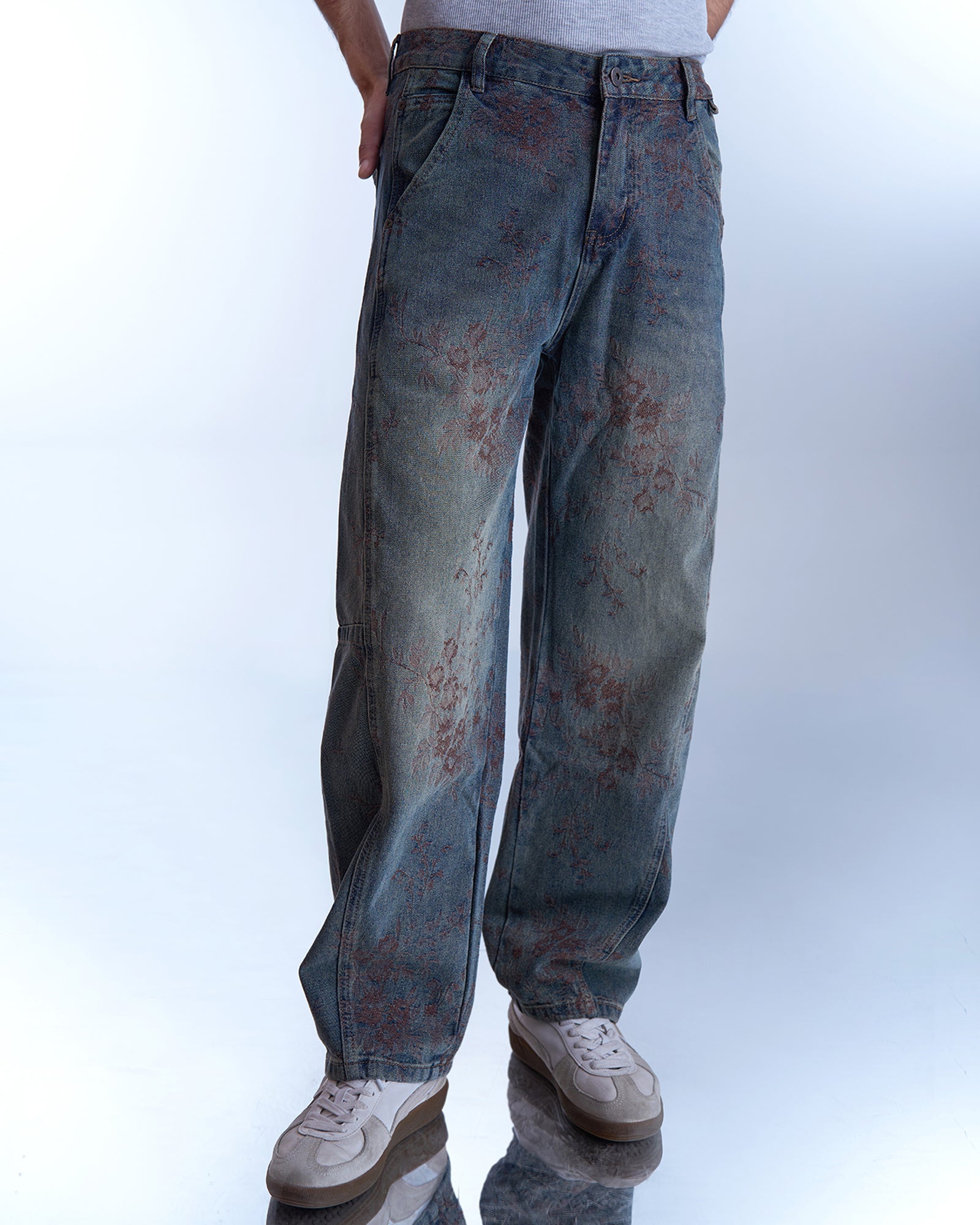 Washed Floral Denim Jeans