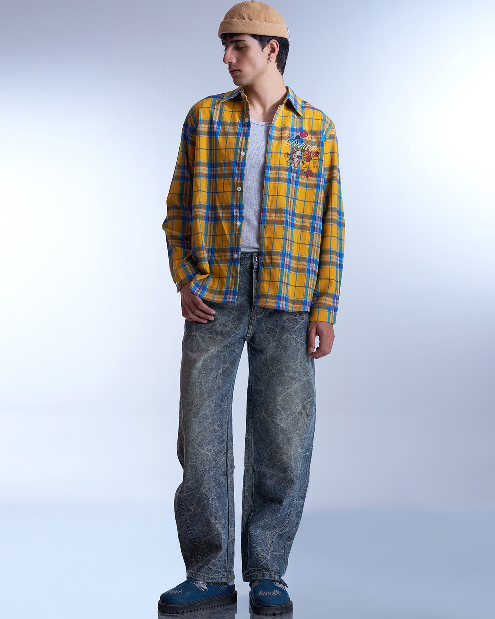 Yellow Check Floral Graphic Shirt