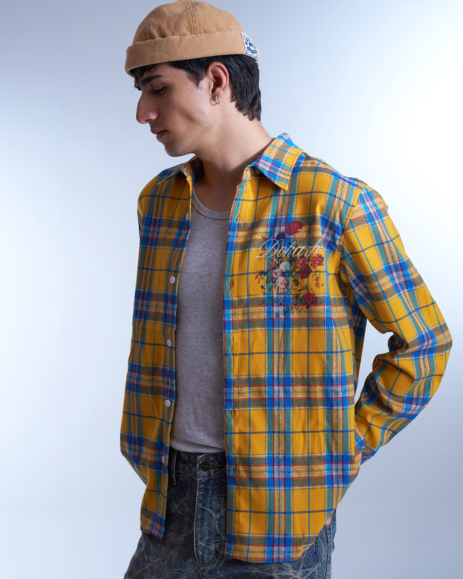 Yellow Check Floral Graphic Shirt-thumbmail-5