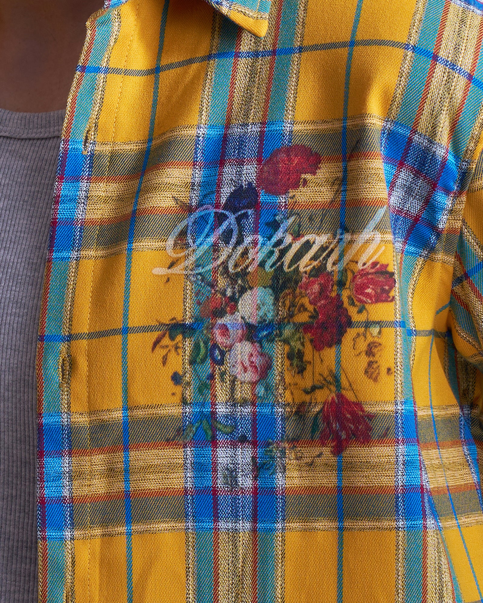 Yellow Check Floral Graphic Shirt-thumbmail-4