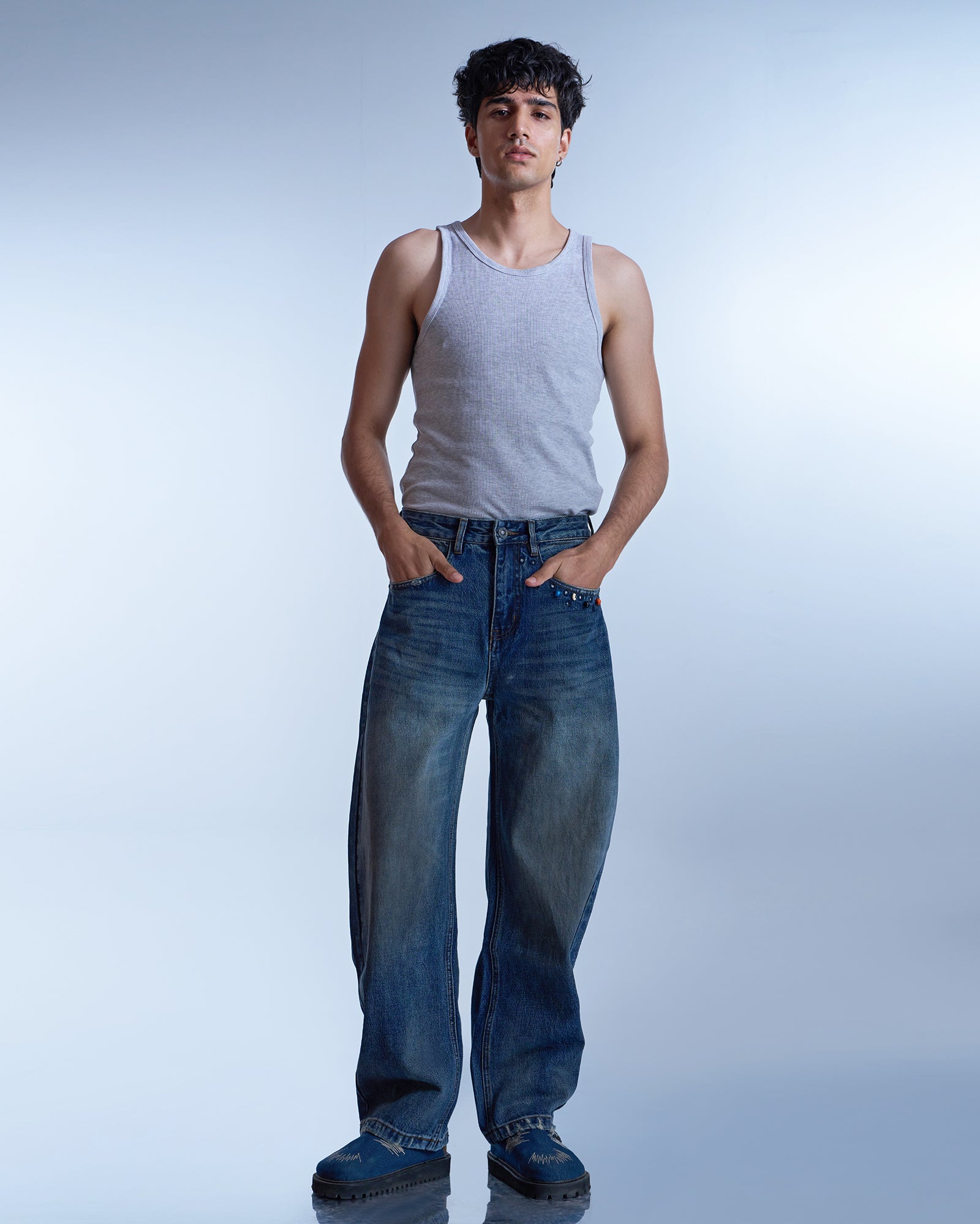 Dokarh Studded Blue Relaxed Jeans