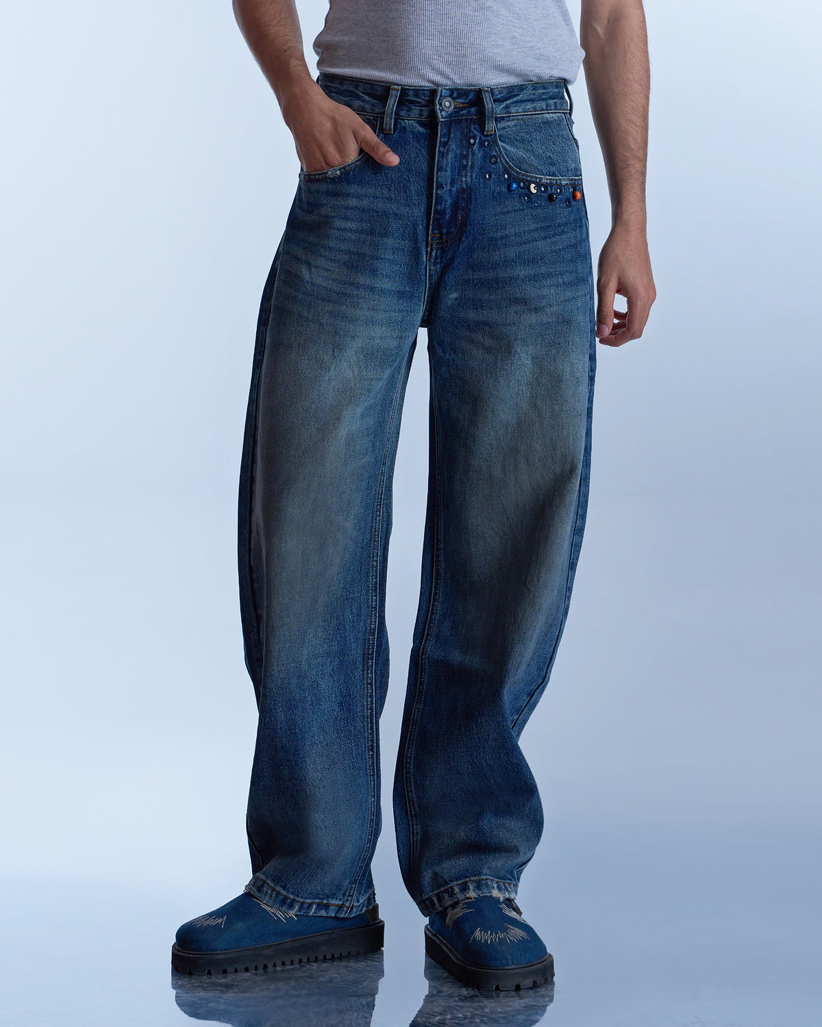 Dokarh Studded Blue Relaxed Jeans