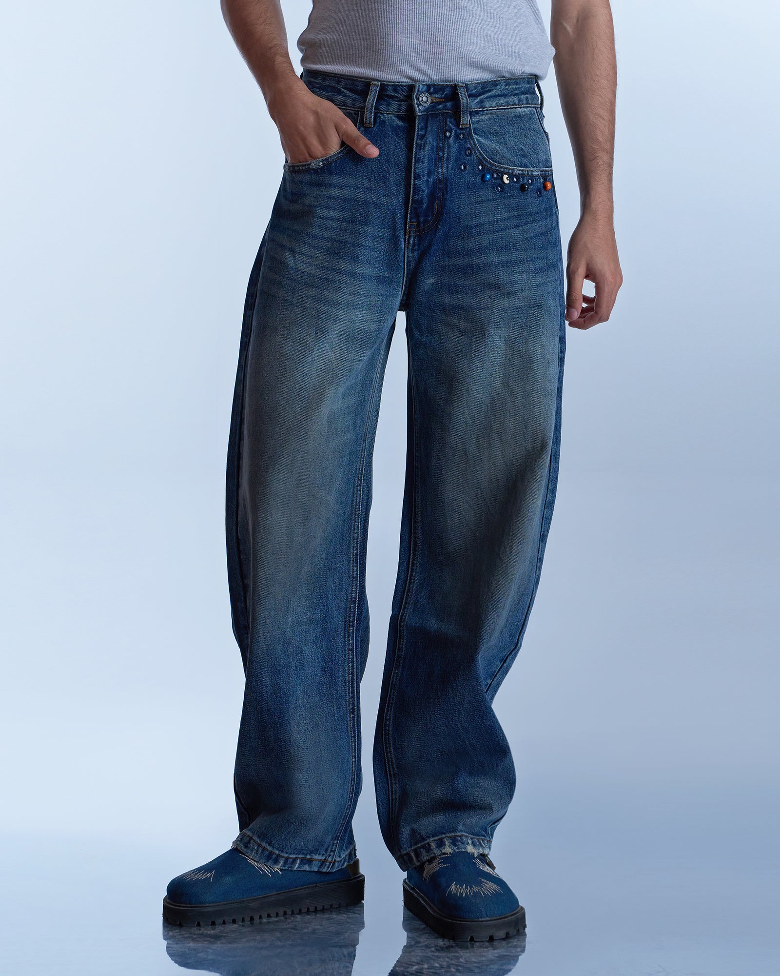 Dokarh Studded Blue Relaxed Jeans