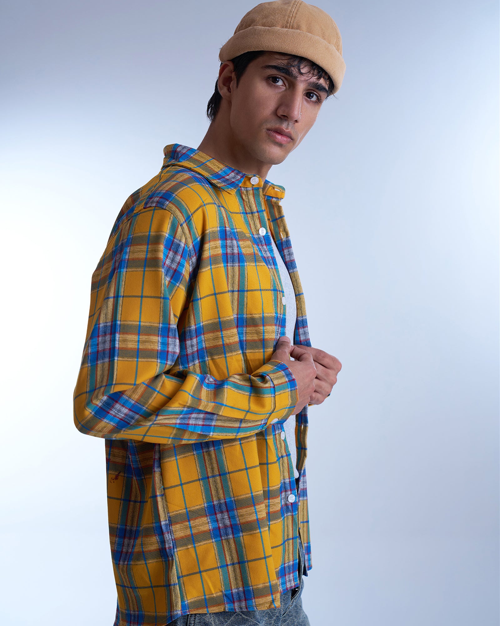 Yellow Check Floral Graphic Shirt-thumbmail-3