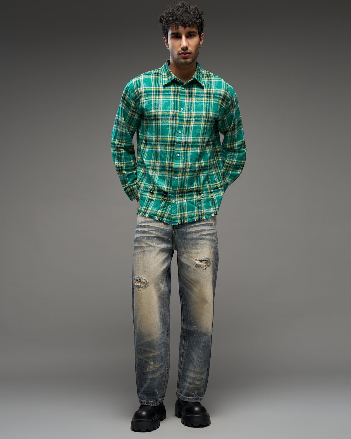 Emerald Distressed Check Shirt-thumbmail-1