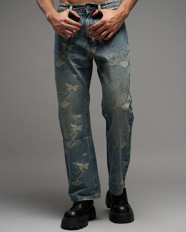 Butterfly Embroidered Straight-Leg Jeans